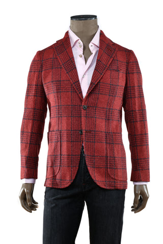 Sartorio Red-Orange Checked Virgin Wool-Silk Sport Jacket