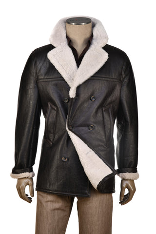 Hettabretz Dark-Brown Leather Shearling Double-Breasted Overcoat