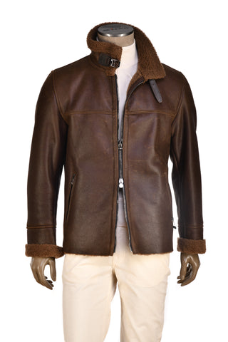 Hettabretz Brown Medium Leather Zip Up Belt Collar Shearling Coat