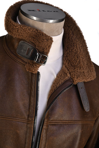 Hettabretz Leather Zip Up Belt Collar Shearling Coat