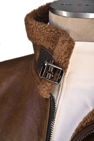 Hettabretz Leather Zip Up Belt Collar Shearling Coat