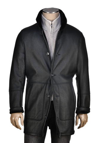 Hettabretz Black Leather Lightly-Lined Shearling Overcoat