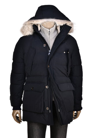 Eleventy Cotton-Wool Coat w/ Removable Coyote Fur Trim Hood