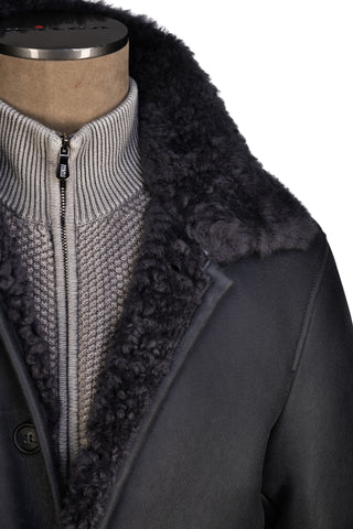 Hettabretz Grey Leather Curly Shearling Overcoat