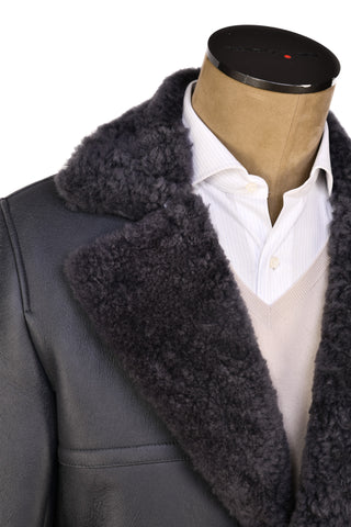 Hettabretz Grey Leather Curly Shearling Overcoat