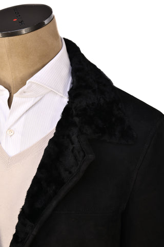 Hettabretz Black Suede Textured Shearling Overcoat