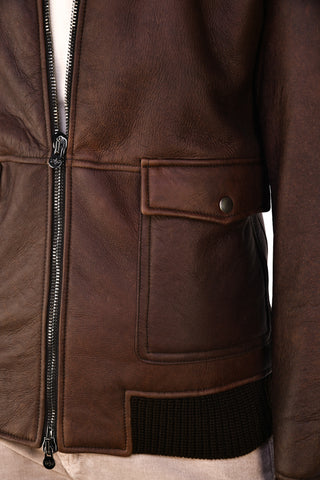 Hettabretz Brown Leather Shearling Bomber Jacket