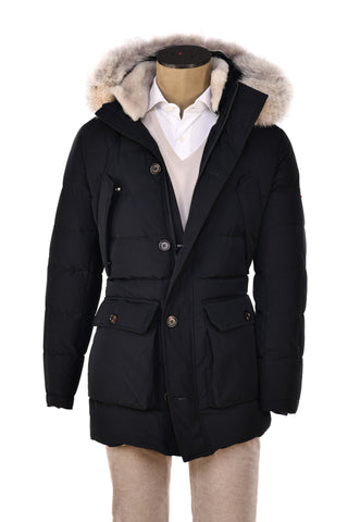 Eleventy Cotton-Wool Coat w/ Removable Coyote Fur Trim Hood