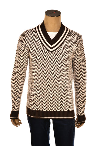 Fedeli Herringbone Virgin Wool V-Neck Knit Sweater