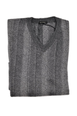 Manrico Grey Striped Cashmere V-Neck Sweater