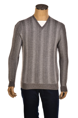 Manrico Grey Striped Cashmere V-Neck Sweater